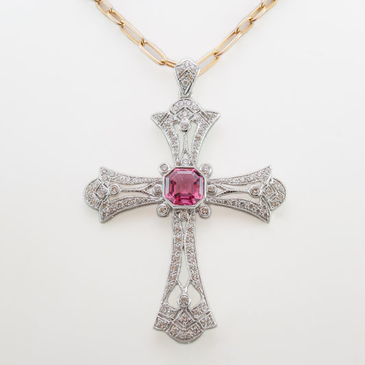 Pink Tourmaline & Diamond Cross Pendant