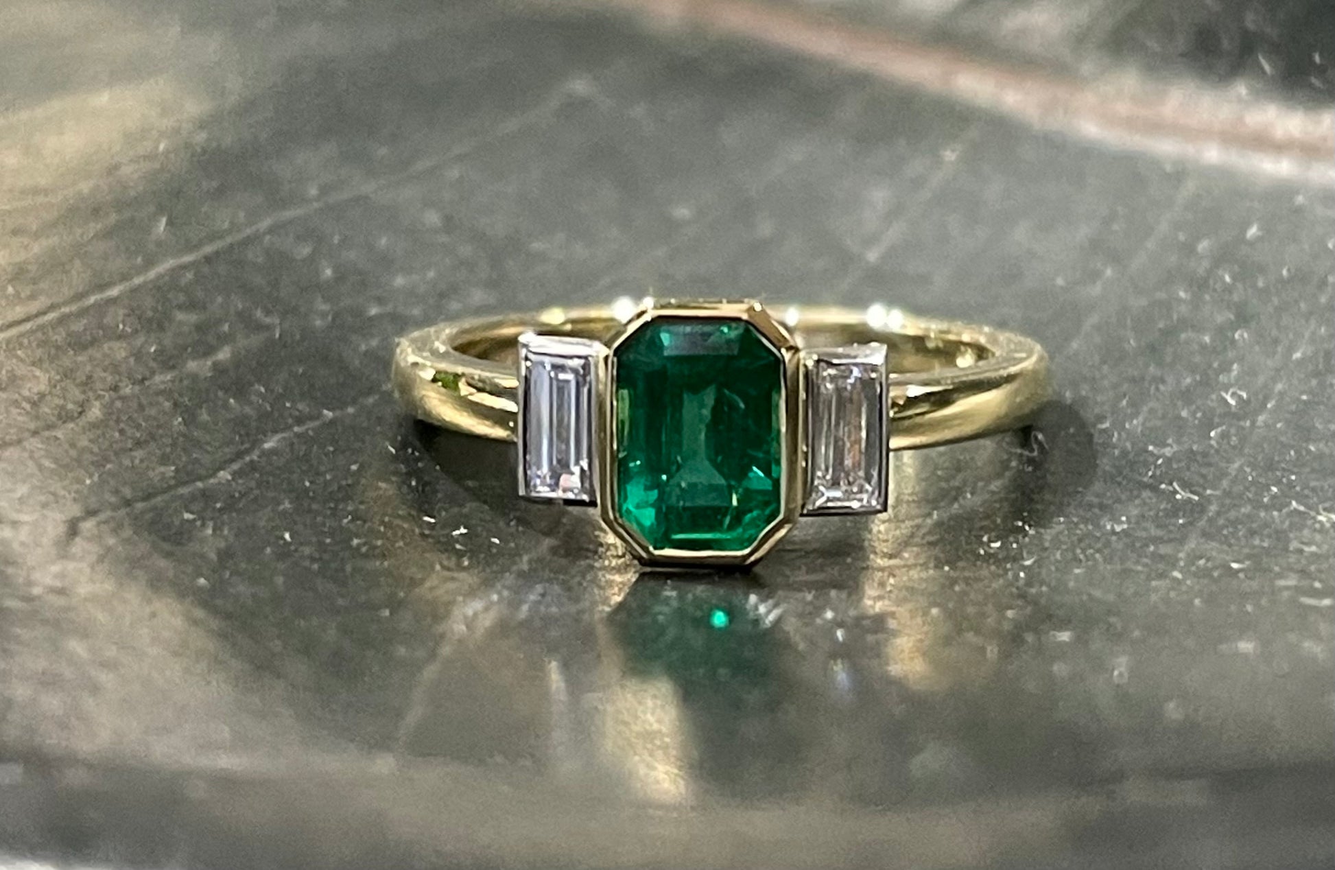 Zambian Emerald & Diamond Ring in 18ct Yellow Gold & Platinum